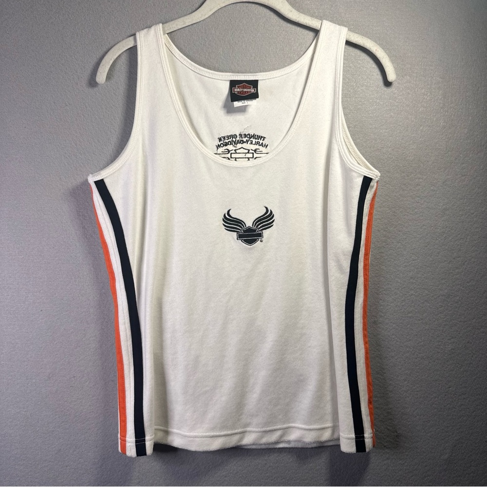 VTG Women’s Harley Davidson TankTop TerryCloth White Blk/Orange Stripe Bikercore